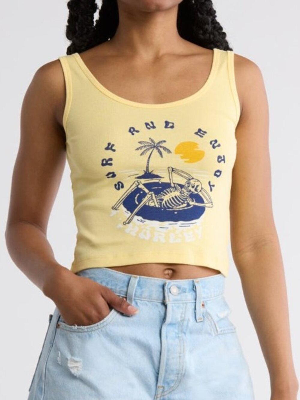 Hurley Floating Skeleton Graphic Crop Tank Top Golden Haze Yellow Size Large NEW